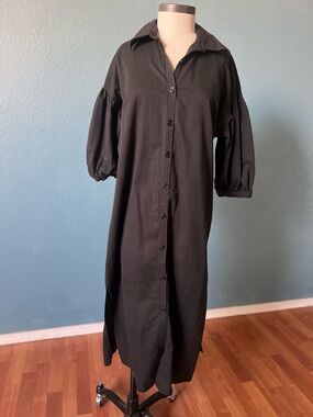 Women’s Vintage Style Spiegel Black Button-Front Maxi Dress with Puff Sleeves 12